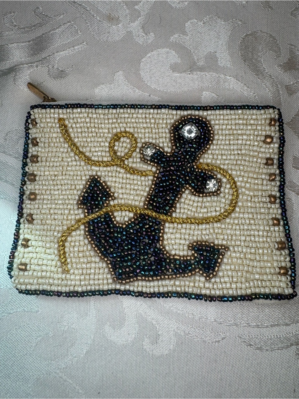 NWOT Seed Beaded Anchor Wristlet Pouch - cream and blue